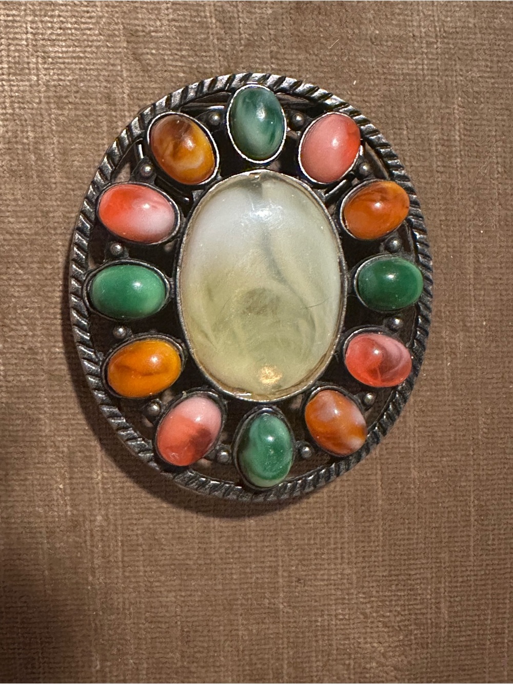 Vintage Multicolor Cabochon Statement Belt Buckle- Green, Orange & Pink Accents